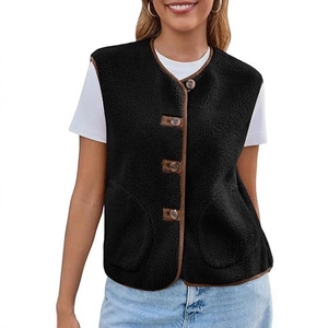 Women's fleece vest in black with brown trim and single-breasted button closure