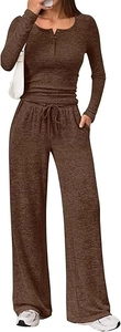 Detail of dark brown long sleeve waffle knit top and wide leg trousers set with side pockets