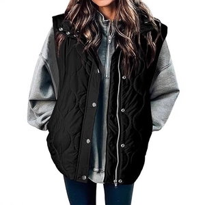 Women's black quilted hooded vest with zipper and buttons for autumn and winter style
