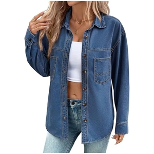 Vintage blue washed denim shirt for women featuring a long sleeve casual button-up style