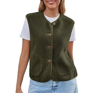 Women's olive green faux shearling vest featuring four buttons and large front pockets