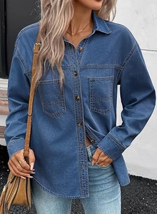 Detail shot of blue denim shirt showing wood-texture buttons and symmetric pockets