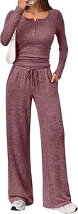 Close-up of knit fabric texture and drawstring waist on two-piece wide leg set