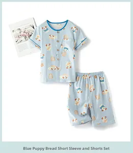 Puppy and bread print short-sleeve cotton pajama set in blue with matching shorts