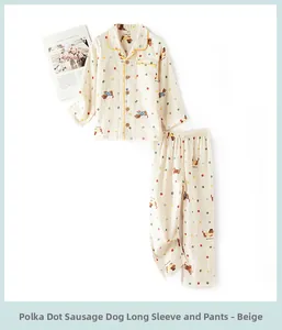 Detail view of cotton pajama set with dog pattern and contrasting yellow piping