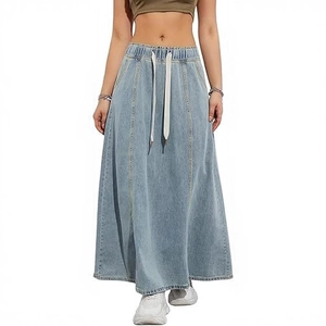 Damen Casual Denim Maxirock Hoher Elastischer Tunnelzug Taille A-Linie Lange Jeansrock Gewaschen Blau Großer Swingrock Unten