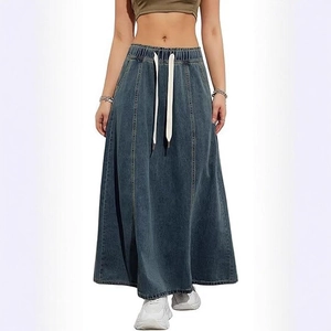 Damen Retro dunkelblauer Jeansrock in A-Linie mit hoher Taille und weißem Kordelzugband