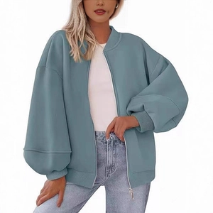 Dames oversized grijsblauwe jas met baseballkraag, lantaarnmouwen en een metalen rits