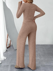 Detailed knit texture of long sleeve top and high waist wide leg pants lounge set