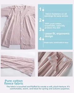 Detailed view of pink plaid cotton flannel patient care suit with velcro fastener closures