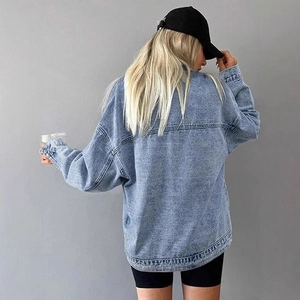 Oversized light blue denim jacket for women featuring a stylish drop shoulder and loose fit
