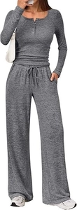 Detailed view of gray knit two-piece set featuring button-up top and drawstring wide-leg pants