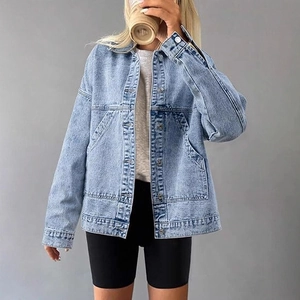 Women's light blue oversized off-the-shoulder denim jacket with front buttons and casual pockets
