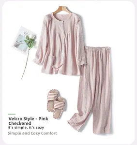 Pink checkered cotton nursing pajamas set with convenient velcro closures and buttons