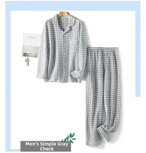 Detailed view of men's grey plaid cotton pajama set with classic collar and front pocket