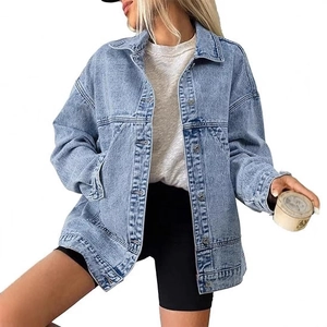 Oversized light blue denim jacket featuring a dropped shoulder design and button-up front