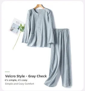 Detail view of cotton flannel patient care suit with Velcro closure and gray gingham pattern