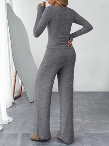 Detail view of heather grey knit long sleeve top and wide leg pants set for women from back