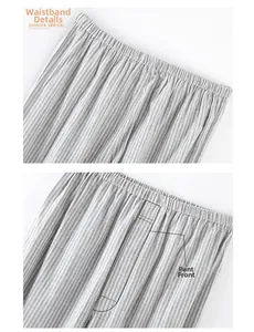 Dettagli della fascia elastica e della patta sui pantaloni del pigiama in cotone a righe