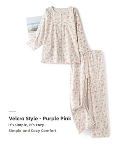 Detail view of purple floral cotton nursing pajamas with convenient Velcro closure design