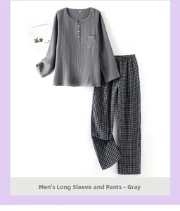 Détails du pyjama pour hommes en coton crêpé avec col Henley et boutons en bois naturel