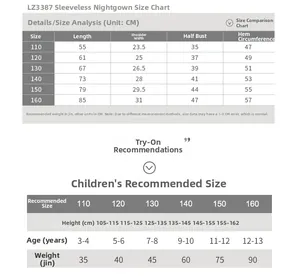 Tableau détaillé des tailles pour chemise de nuit en coton enfant de 110 à 160 cm