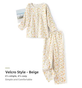 Detail of beige floral cotton nursing pajamas featuring convenient Velcro closures