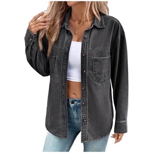 Washed grey denim shirt for women featuring a lapel collar and dual chest pockets
