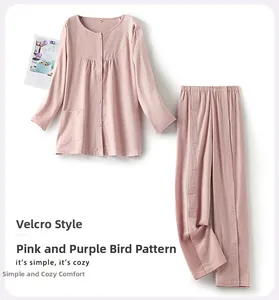 Detail of purple pink houndstooth nursing wear with Velcro closures and soft cotton fabric