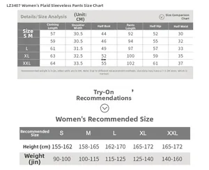 Guide des tailles pour ensemble pyjama sans manches en coton à carreaux pour femmes