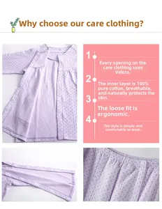 Dettaglio di abbigliamento per cure in cotone traspirante con velcro e pois viola