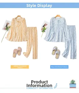 Ensembles de pyjama en coton à carreaux et cerises avec pantoufles en bleu et jaune