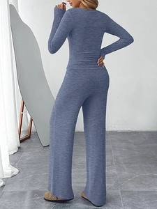 Detailed knit texture of blue long sleeve top and wide leg pants loungewear set