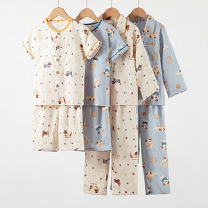 Kids Cotton Double Gauze Pajamas Top And Pants Set Cartoon Dog Bread Print Short Long Sleeve Home Wear Children Sleepwear