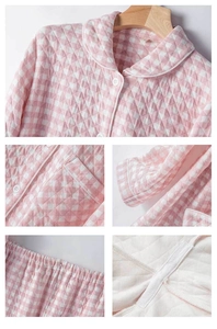 Detailed views of pink plaid quilted pajama set showing lapel, pocket and quilted fabric