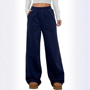 Damen Jogginghose mit weitem Bein, hoher Taille und dekorativer Knopfleiste in Marine