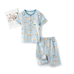 Kids light blue cotton pajama set featuring cute cartoon dog and toast prints