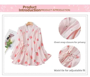 Detail view of peach print cotton pajamas showing snap button and adjustable waist ties