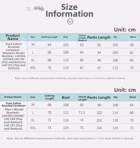Size chart for cotton brushed flannel patient care uniforms for men and women
