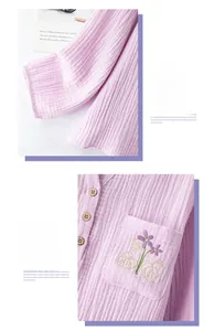 Détail du pyjama en coton avec broderie florale délicate et boutons en bois naturels