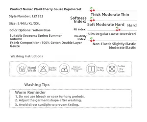 Size chart and fabric details for 100% cotton double gauze cherry pajama set