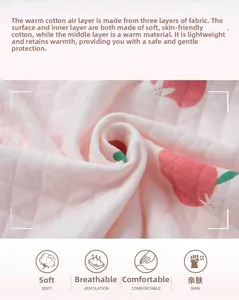 Detailed macro view of triple-layered peach print cotton fabric with quilted texture