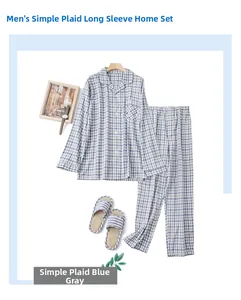 Pyjama pour homme en coton à carreaux gris-bleu avec manches longues et pantalon