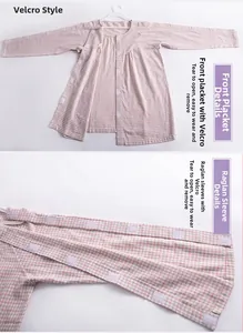 Detail of pink plaid patient care top showing full velcro closures on sleeves and front