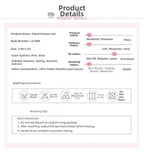 Size chart and details of 100% cotton double gauze peach print pajama set for women