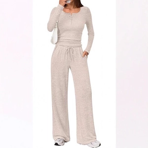 Women's two-piece lounge set with long sleeve Henley top and drawstring wide leg pants