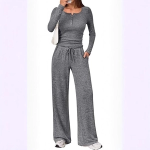 Women's 2-piece grey knit set with long sleeve button top and drawstring wide leg pants