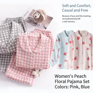 Couples Quilted Air Cotton Pajama Suit Plaid Peach Print Long Sleeve Warm Thickened Loungewear For Men Women Sleepwear