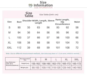 Detailed size guide table for women's thick cotton pajama set showing S to XXL measurements