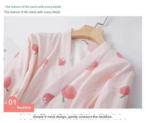 Detail of peach print and breathable double-layer gauze fabric on V-neck kimono pajama